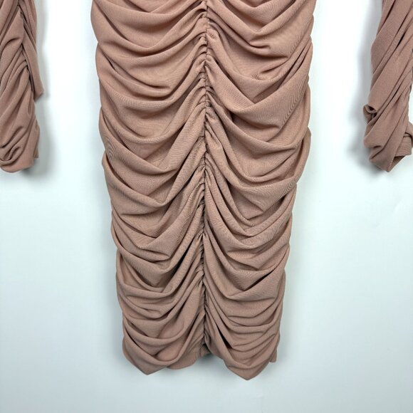House Of CB Soleil Nude Dusty Pink Mesh Long Sleeve Ruched Dress XS - Picture 4 of 10